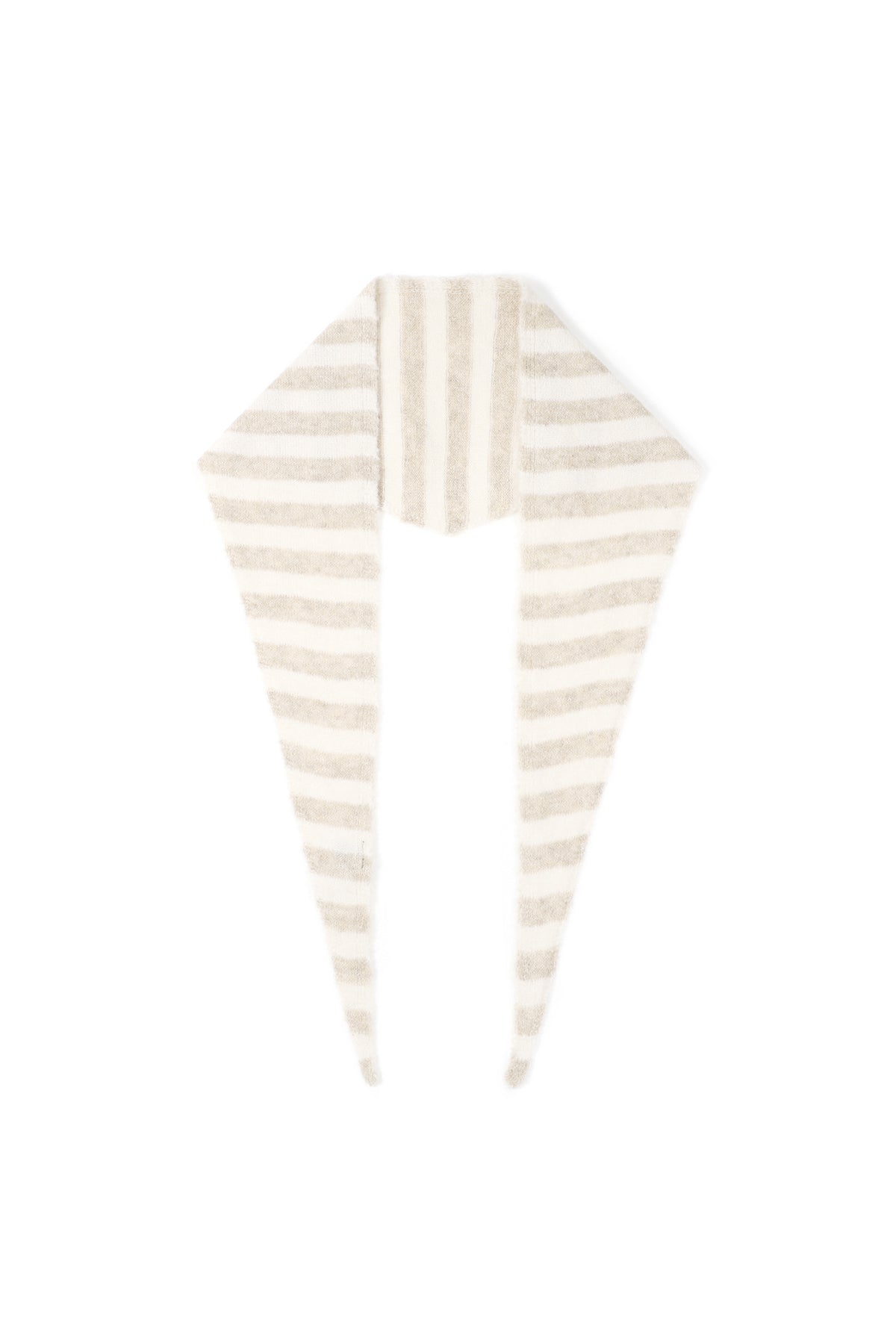 Soft beige and white striped knit neck scarf laid flat with pointed ends.