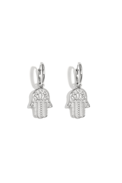 Pair of silver tone Hamsa charm drop earrings on white background