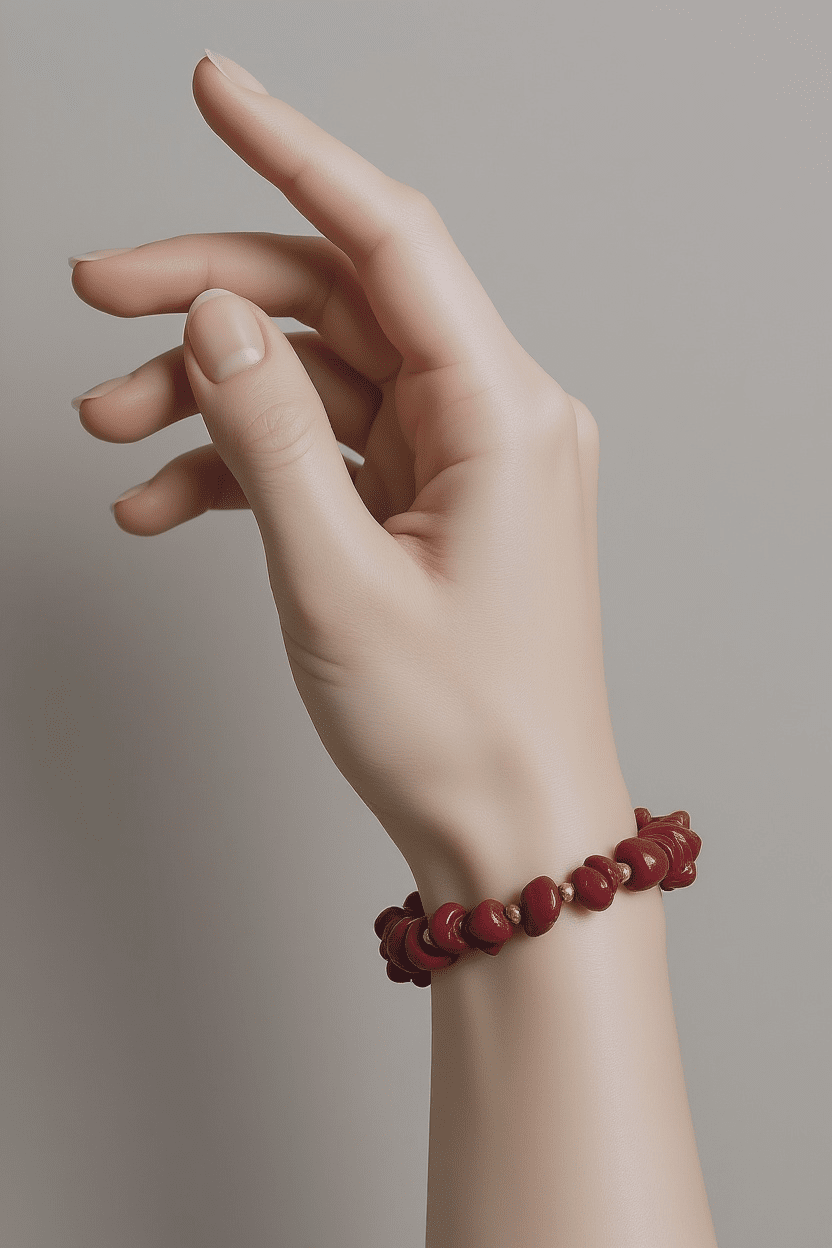 Chunky bracelet with irregular, glossy red beads and small gold-tone spacer beads worn on a slender hand.