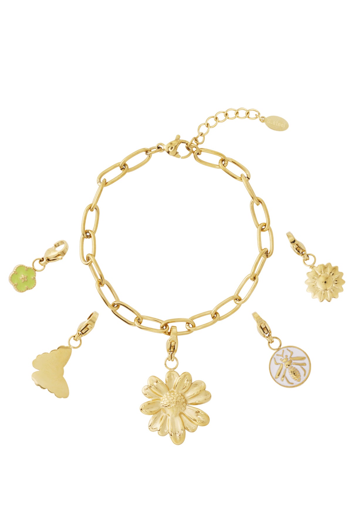Gold-tone charm bracelet with five detachable nature-inspired charms including a daisy, butterfly, sun, bee medallion, and green flower on white background