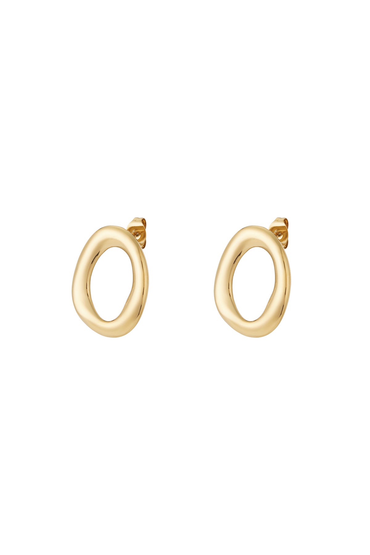 Pair of gold modern oval stud earrings with smooth irregular shape on white background