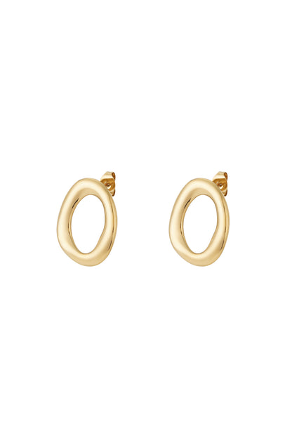 Pair of gold modern oval stud earrings with smooth irregular shape on white background