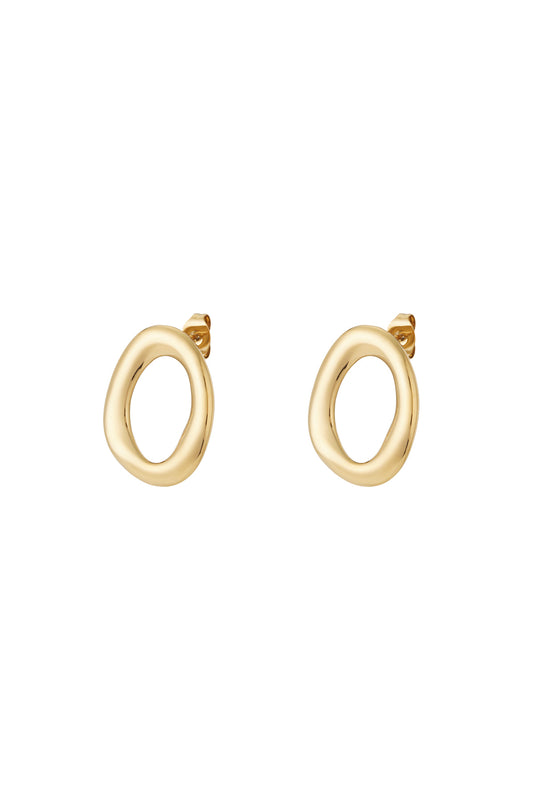 Pair of gold modern oval stud earrings with smooth irregular shape on white background