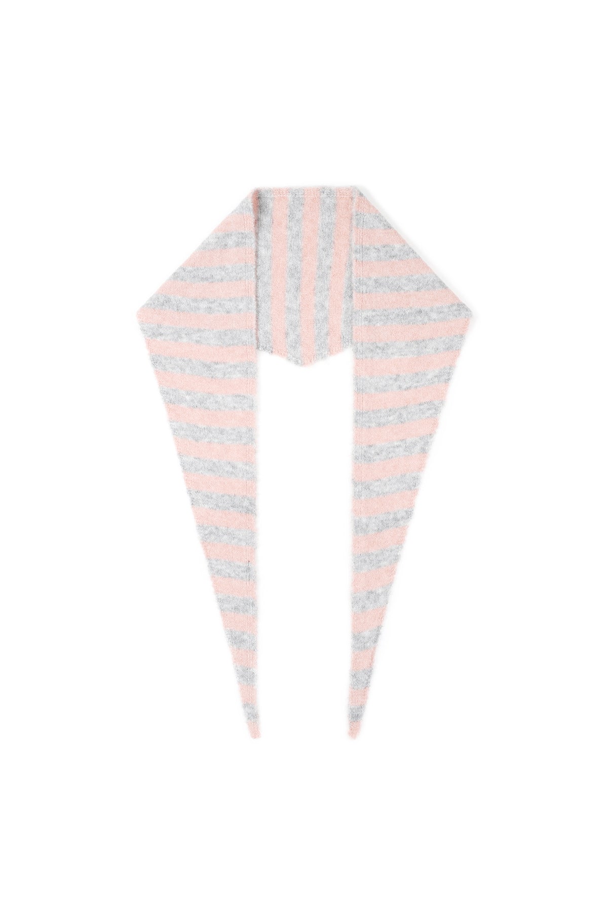 Blush pink and gray striped knit neck scarf laid flat with pointed ends.