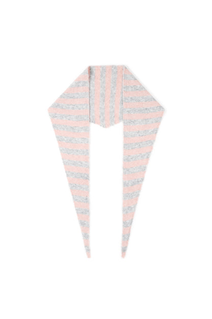 Blush pink and gray striped knit neck scarf laid flat with pointed ends.
