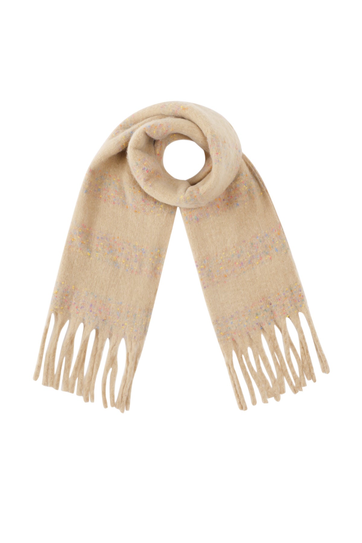 Beige scarf with colorful confetti dots and fringed ends laid flat with a loop at the center