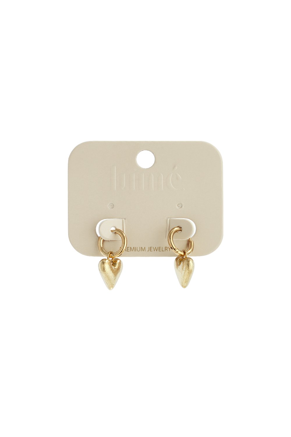 Gold hoop earrings with textured, heart-shaped charms attached to a beige display card.