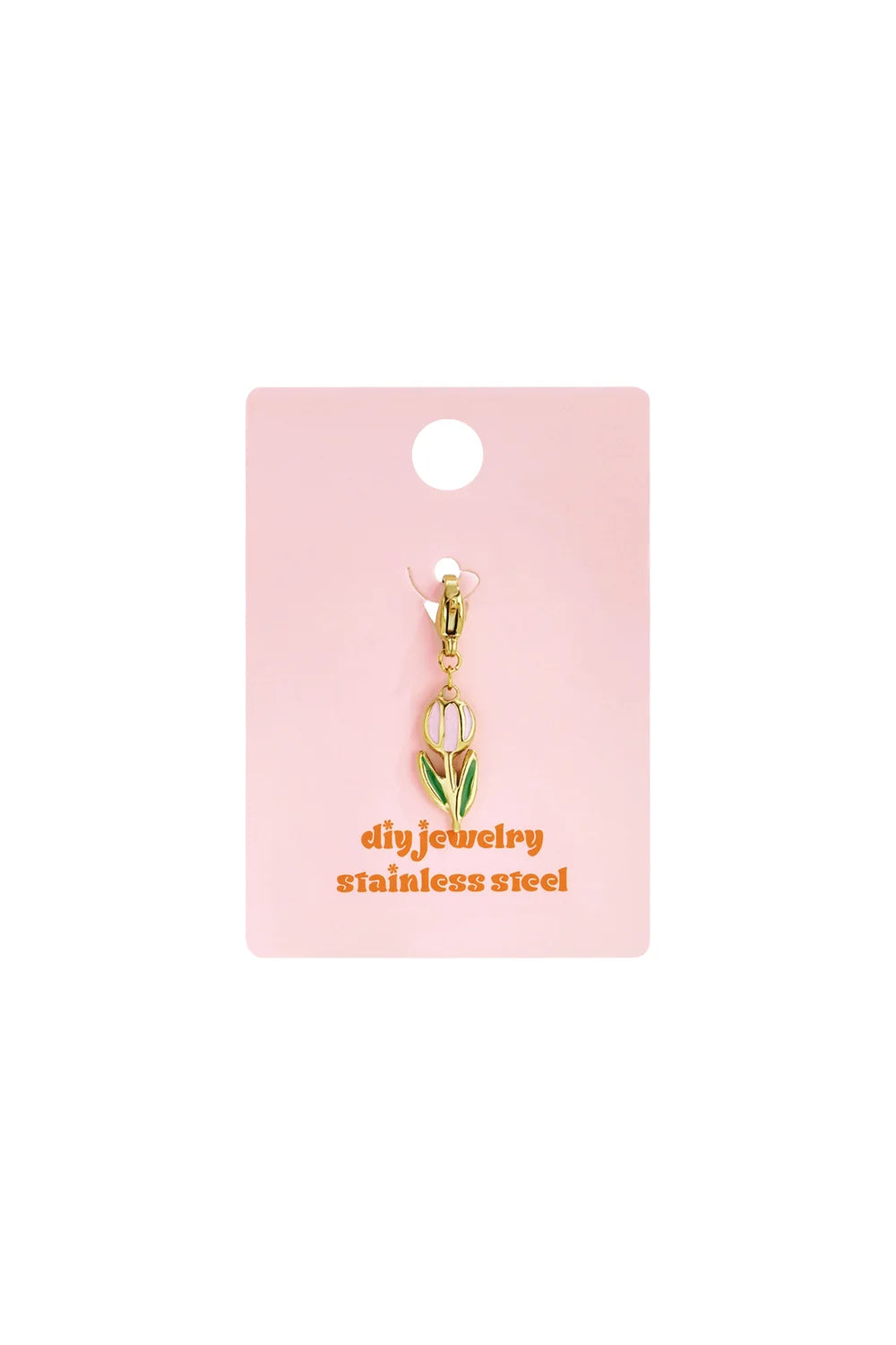 Gold-tone stainless steel tulip charm with pink and green enamel detail on a branded pink display card.