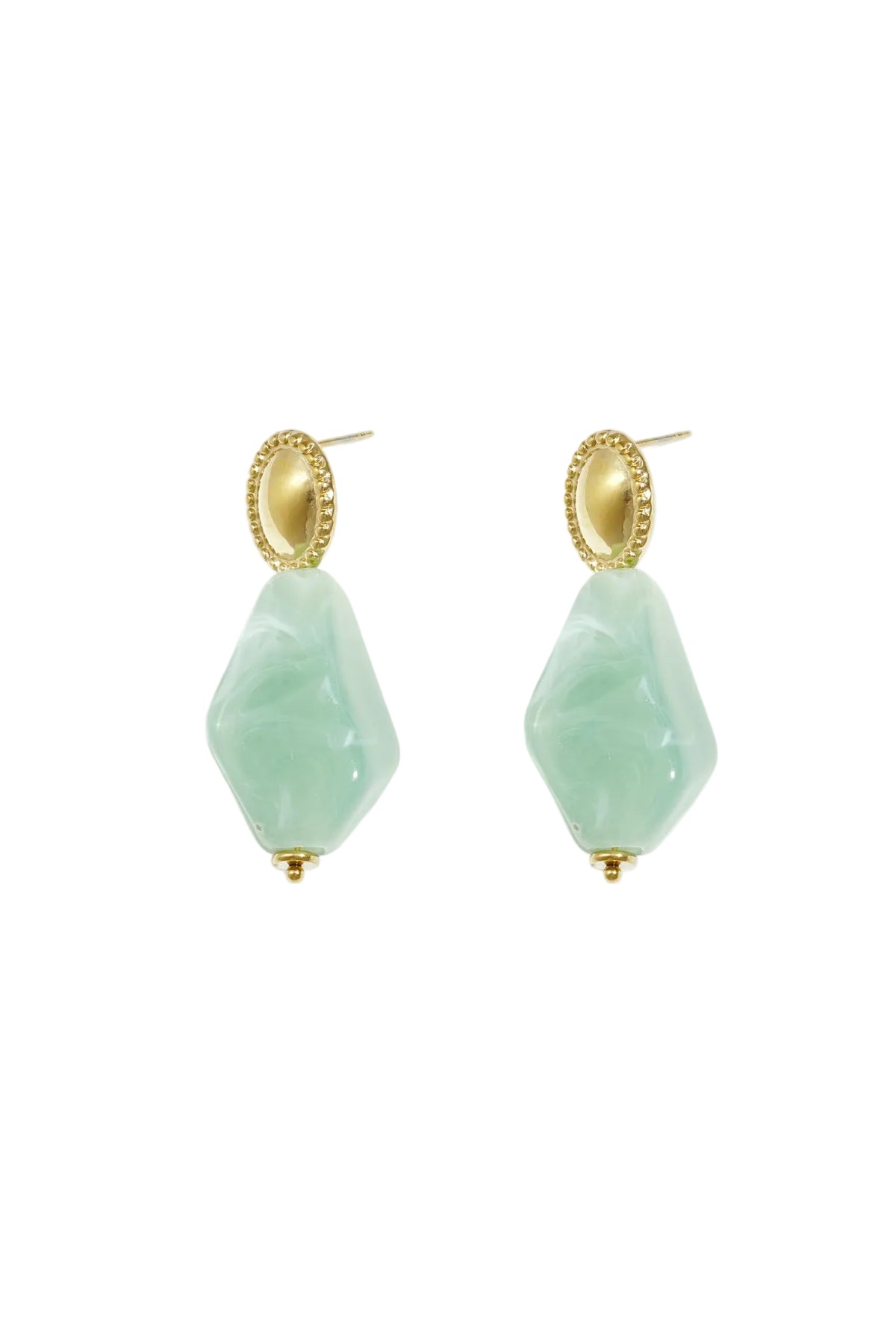 Pair of mint green marbled acrylic drop earrings with gold-tone oval studs on a white background