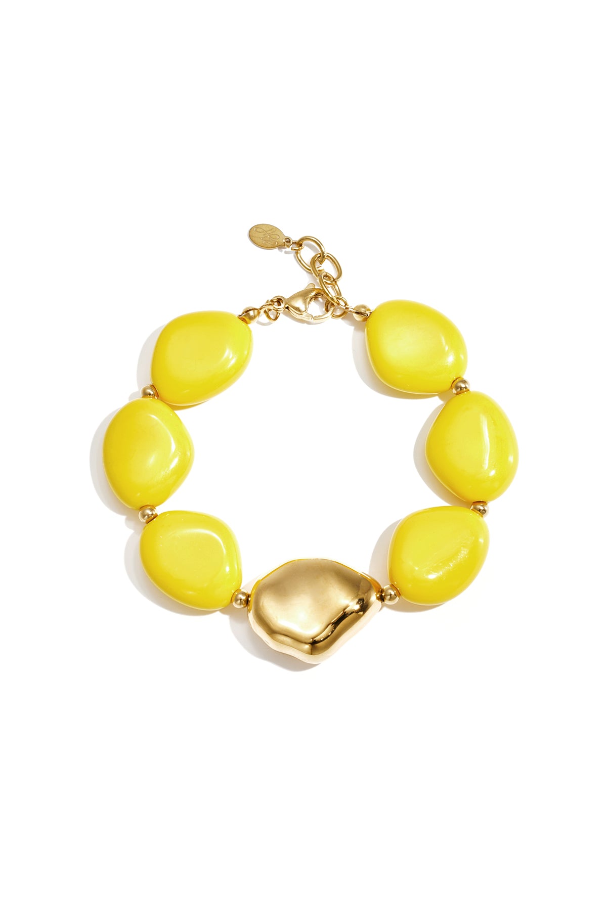 Chunky bracelet with bright yellow irregular acrylic beads and gold-tone clasp and centerpiece