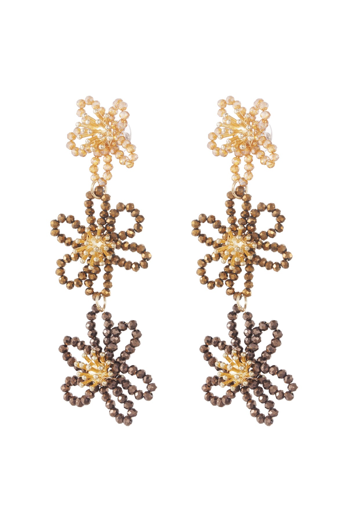 Front view of dark brown floral beaded dangle earrings with golden centers