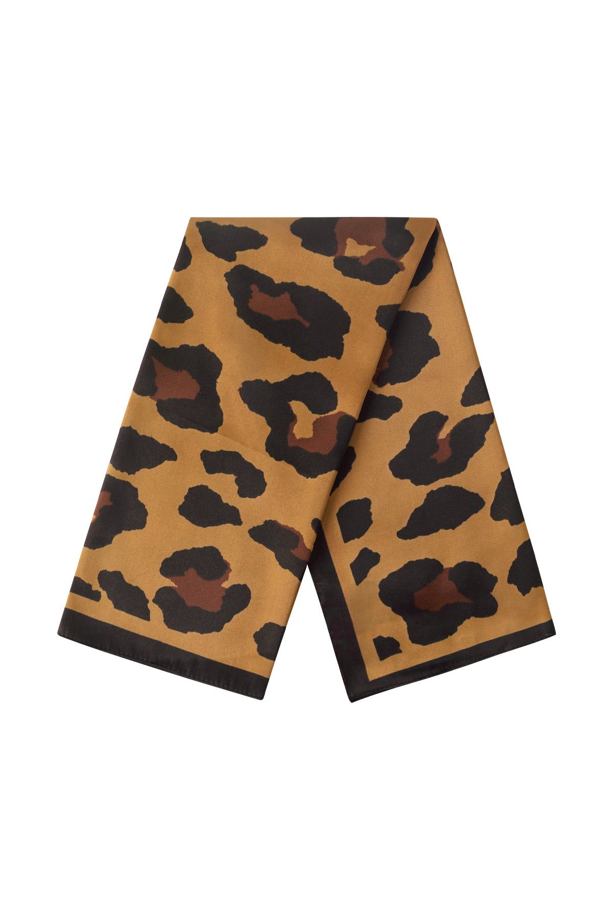Brown and dark brown leopard print silk scarf with black border folded
