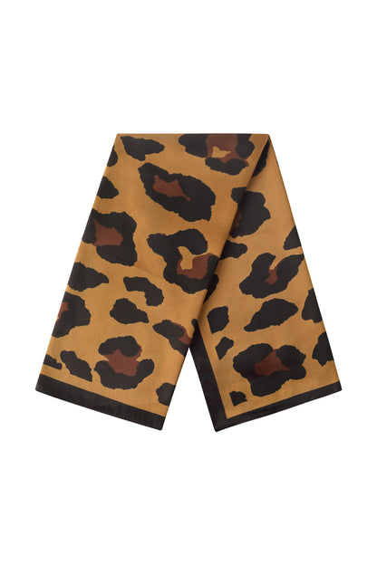 Brown and dark brown leopard print silk scarf with black border folded