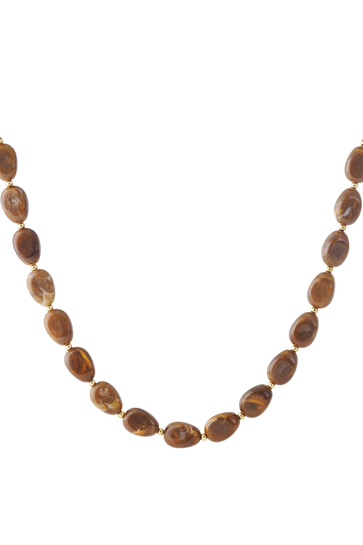 Brown acrylic beaded necklace with gold spacer beads displayed on white background