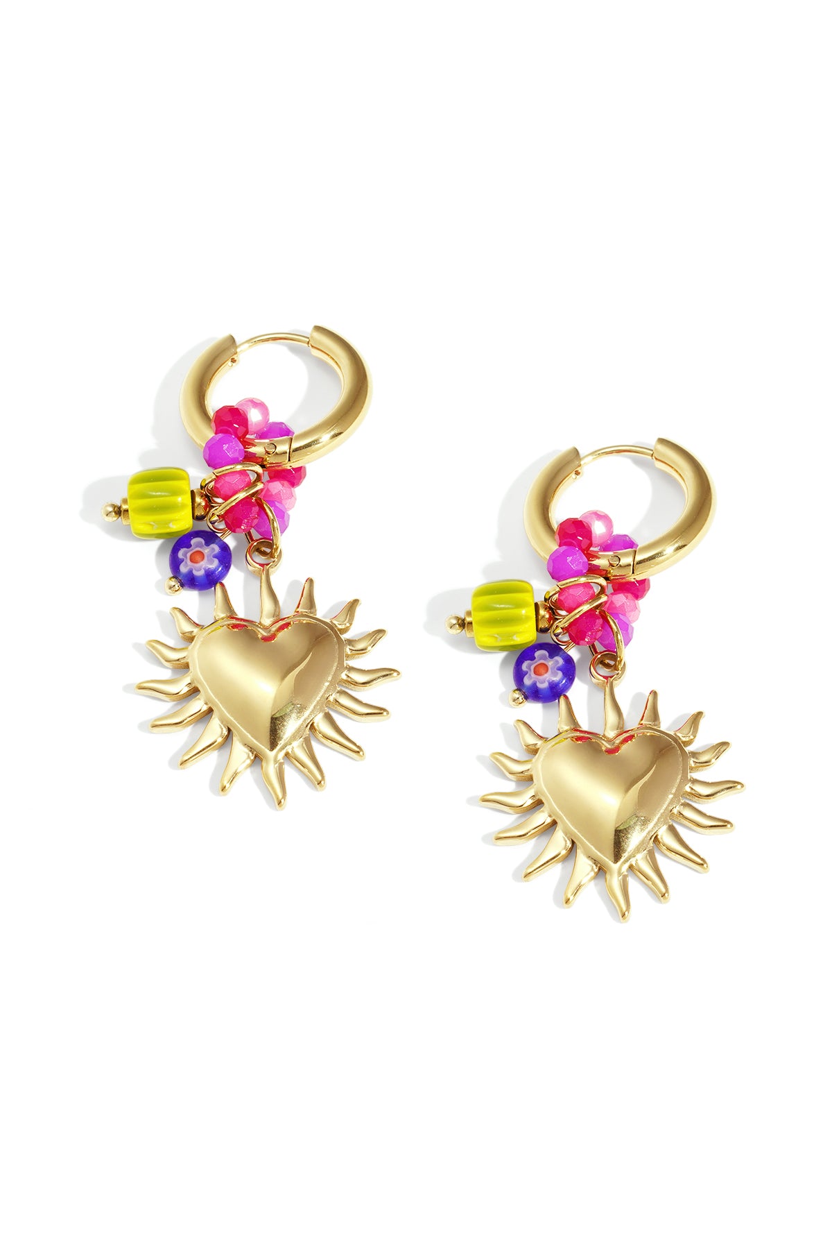 Pair of gold sunburst heart hoop earrings with colorful pink, purple, and green beads on a white background