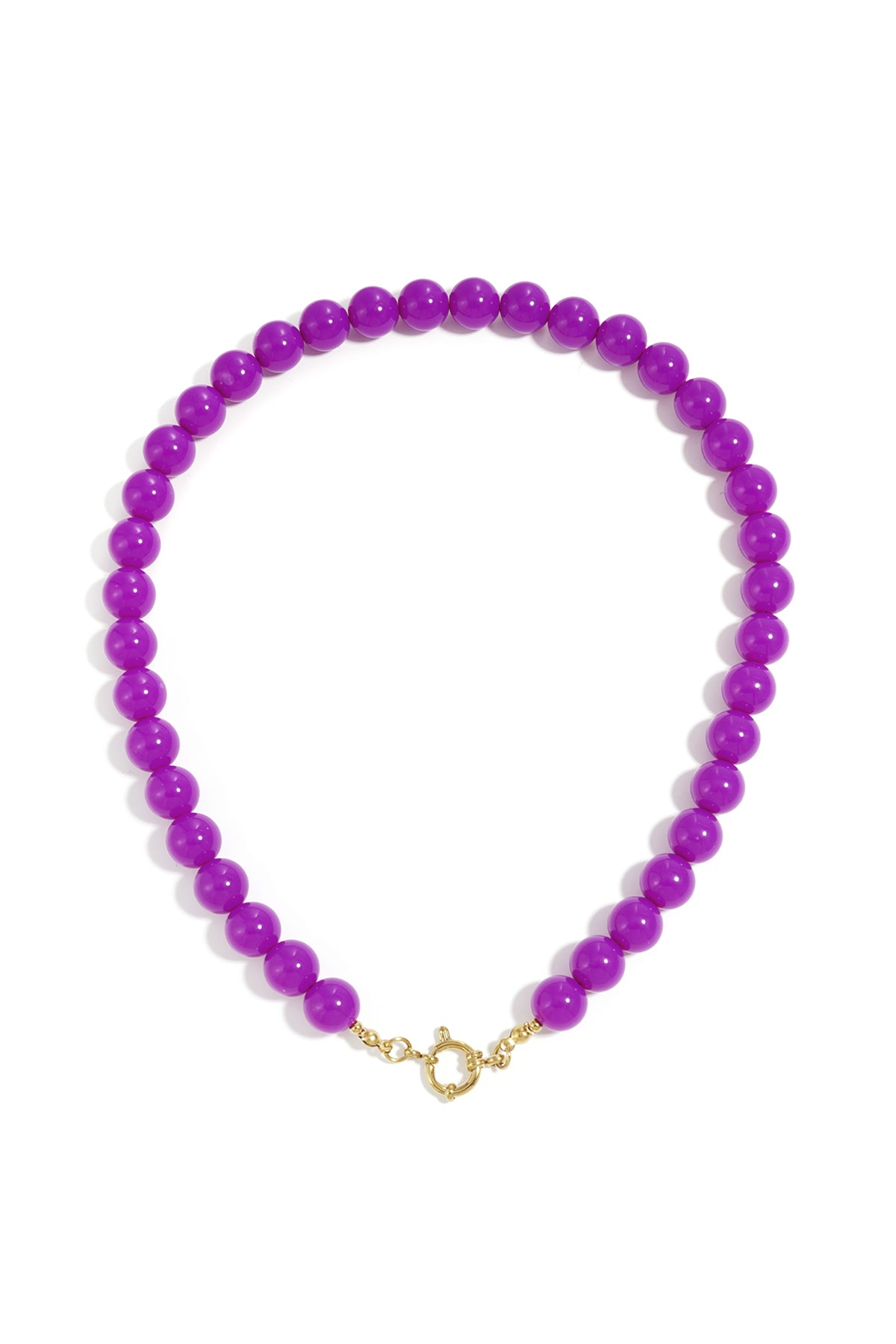 Single-strand necklace featuring vibrant purple resin beads and a circular gold-tone spring ring clasp.