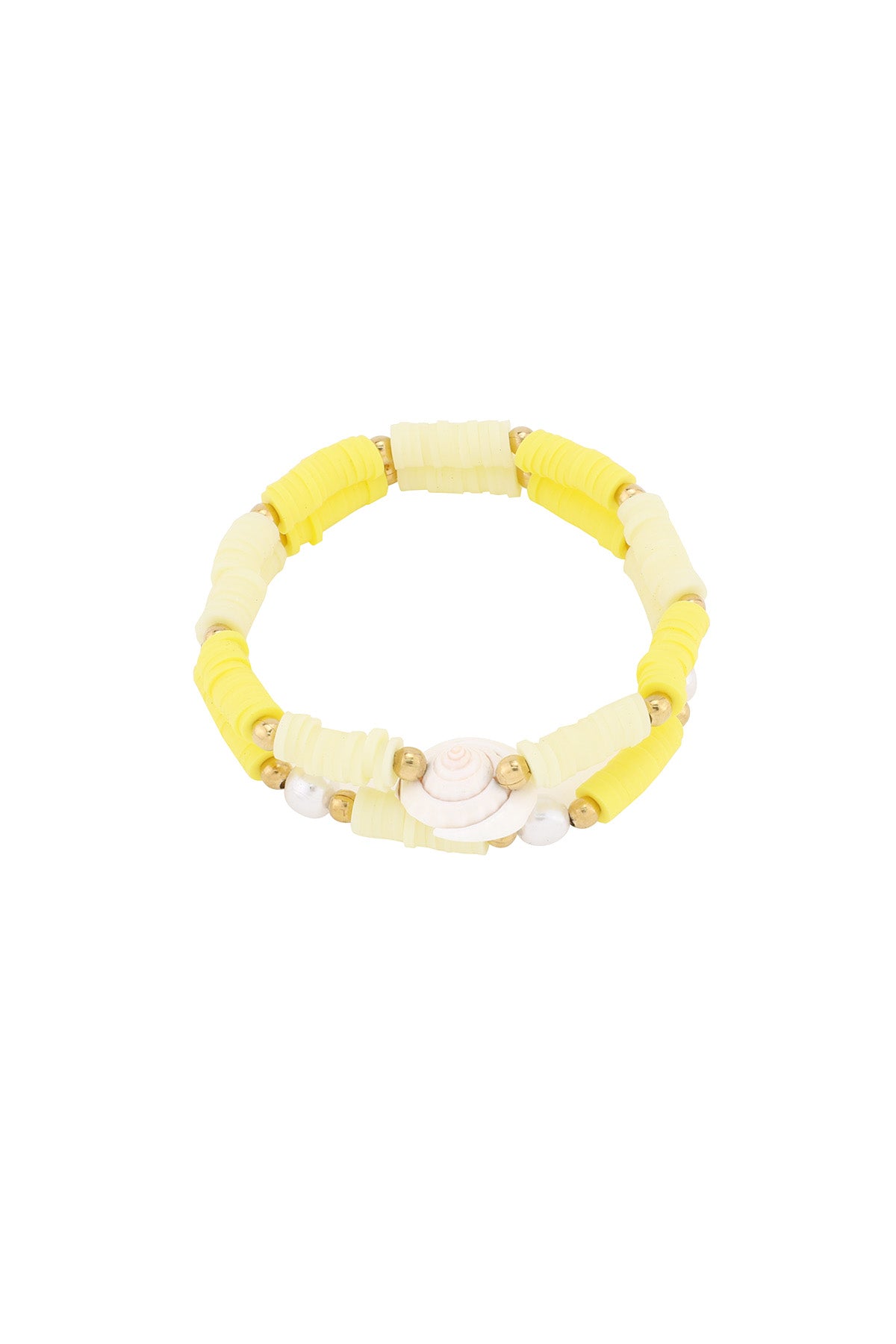 Yellow shell charm beaded bracelet with gold and polymer clay beads on white background