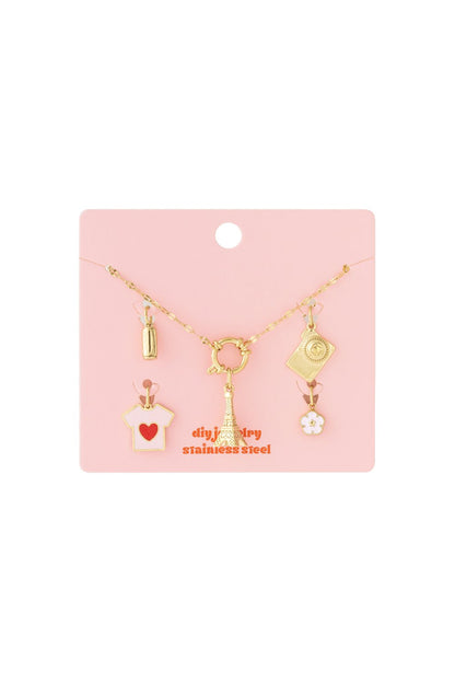 Parisian Main Character gold stainless steel charm necklace featuring Eiffel Tower, t-shirt, camera, and flower charms.