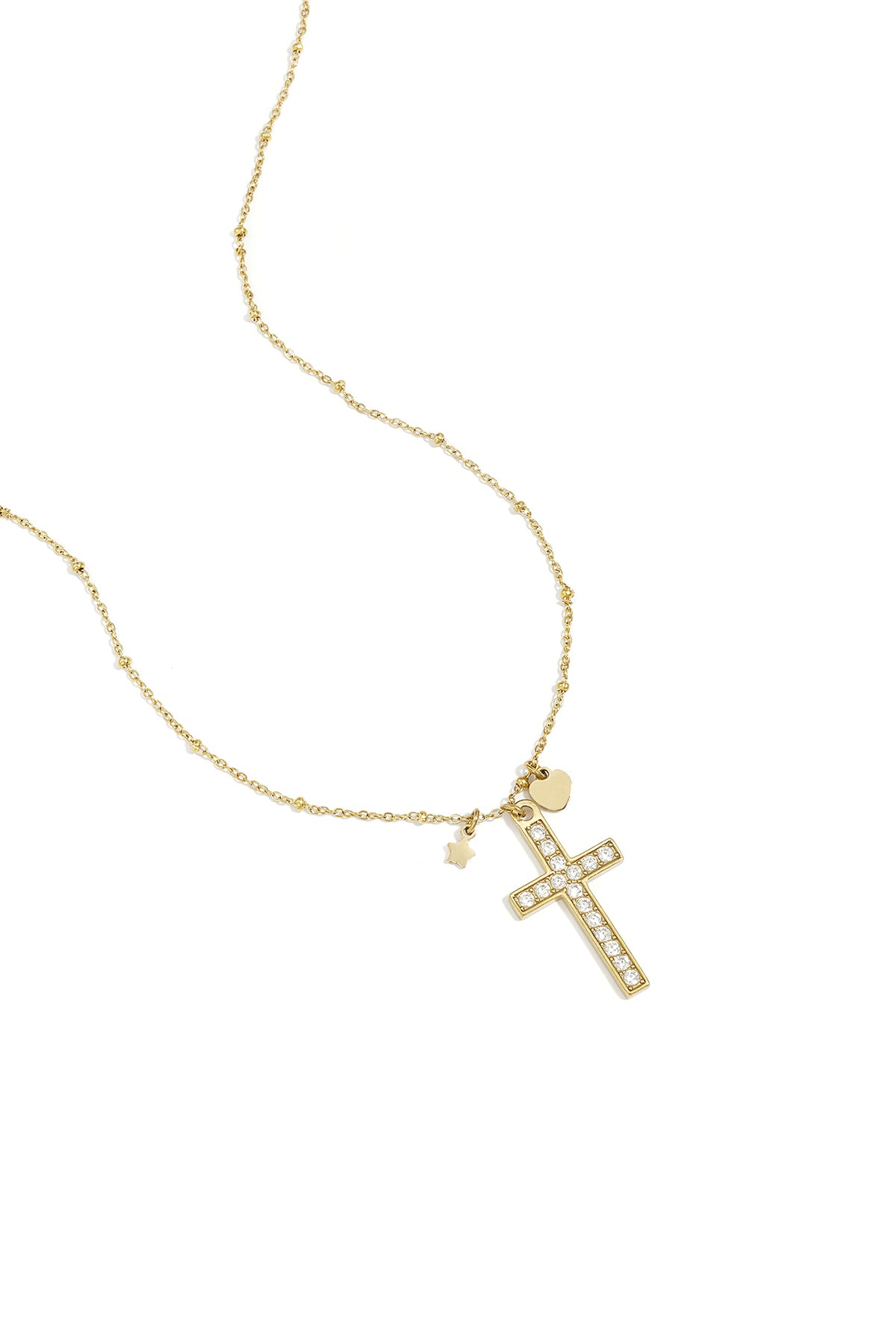 Gold tone delicate chain necklace with rhinestone-studded cross pendant and small heart and star charms