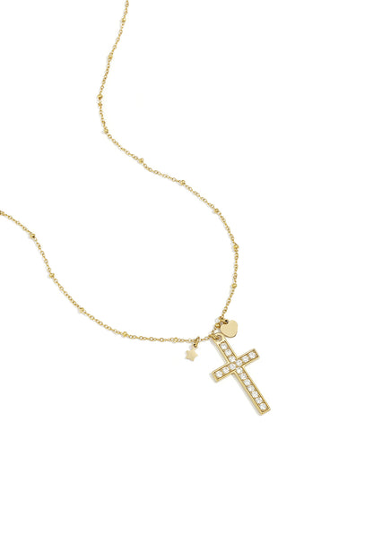 Gold tone delicate chain necklace with rhinestone-studded cross pendant and small heart and star charms