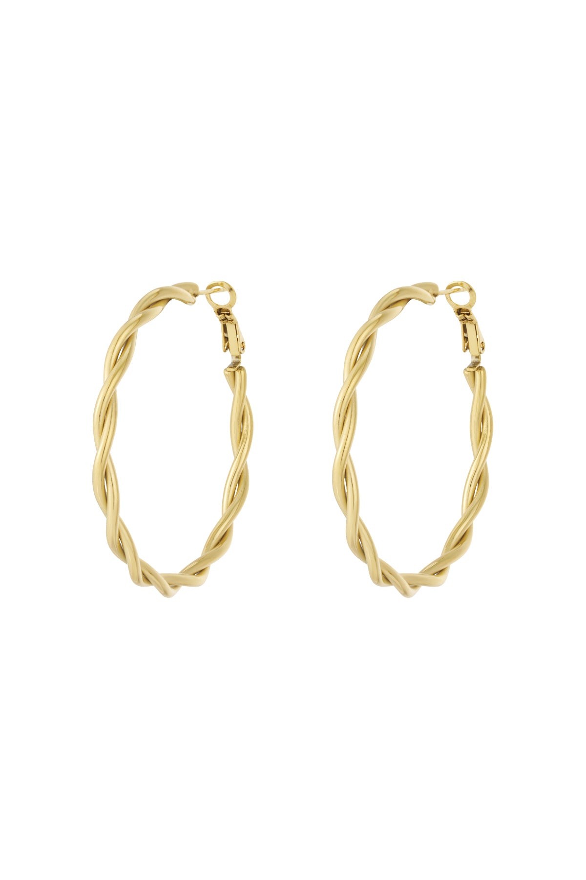 Pair of silver twisted oval hoop earrings, front view on white background