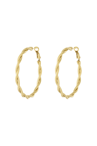 Pair of silver twisted oval hoop earrings, front view on white background