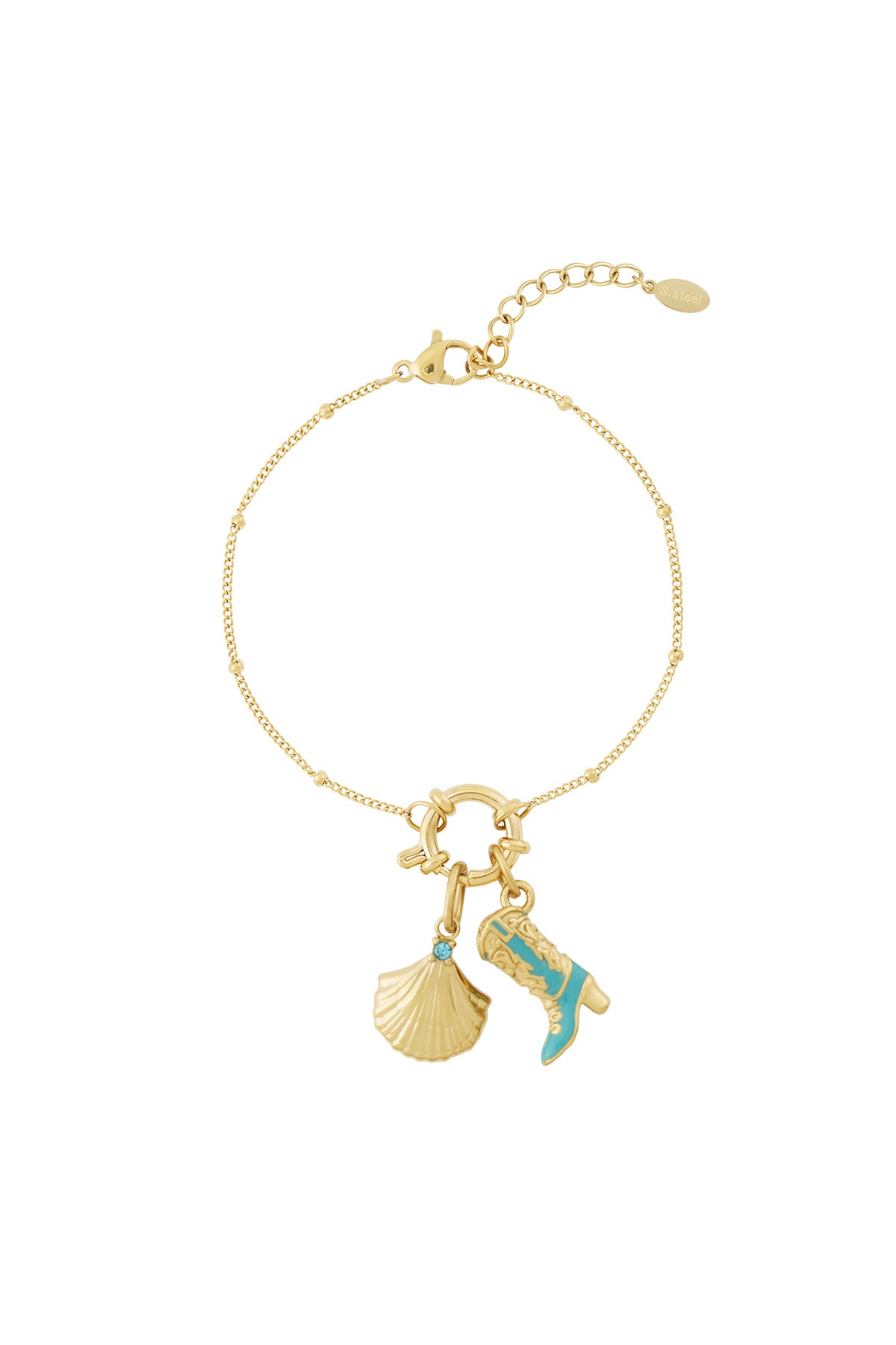 Gold chain charm bracelet featuring shell and turquoise-accented blue boot charms on white background