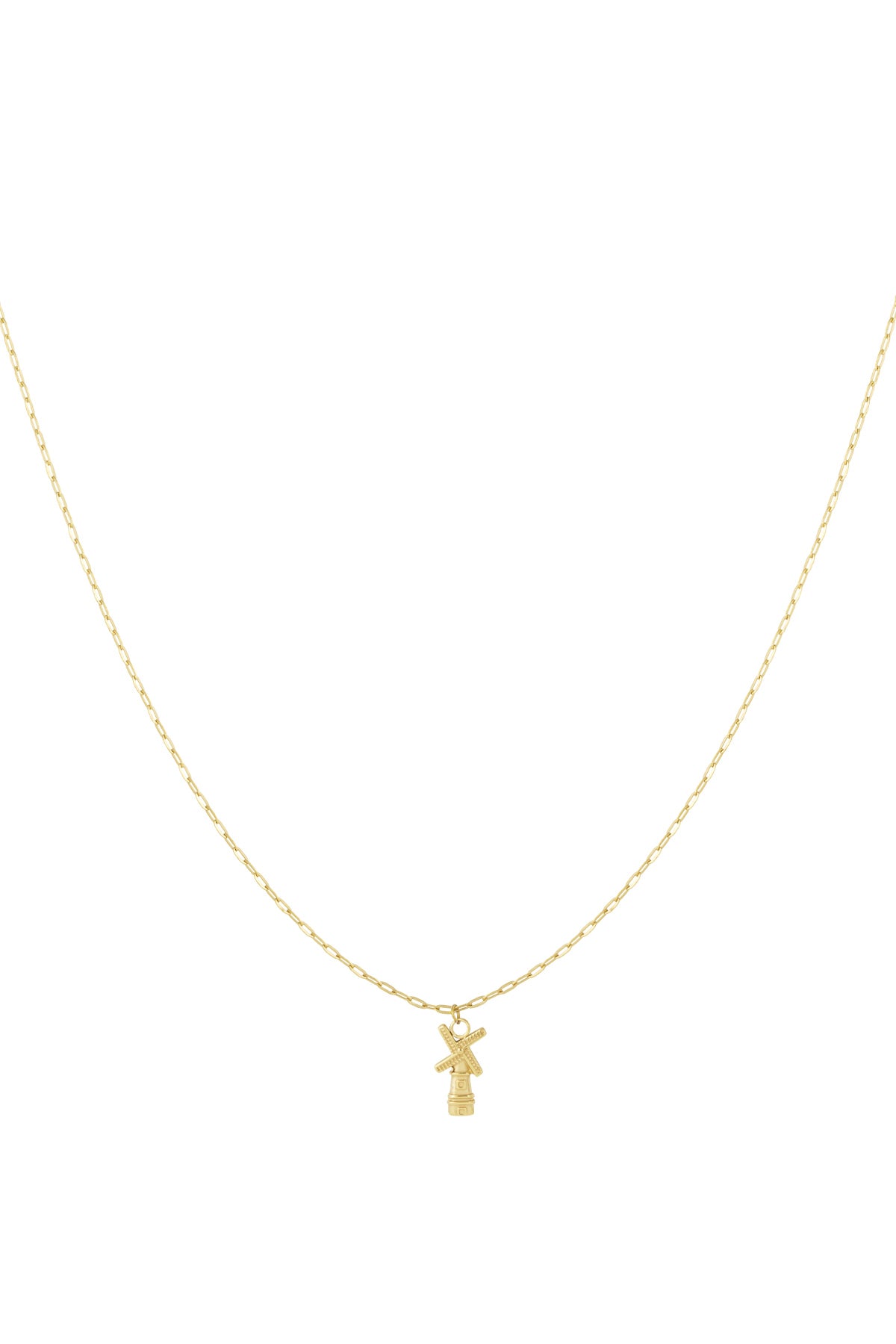 Gold chain necklace with a small windmill pendant displayed on white background