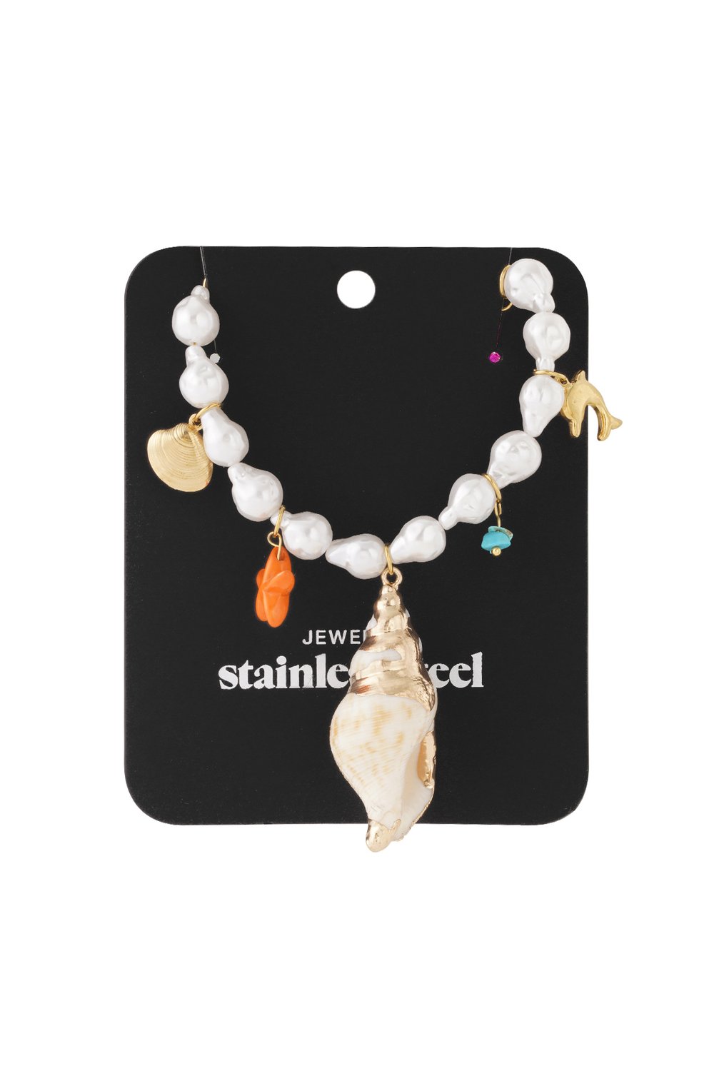 Beach Charm Pearl Necklace featuring baroque pearls, gold seashell charm, and colorful ocean-themed accents on a display card.
