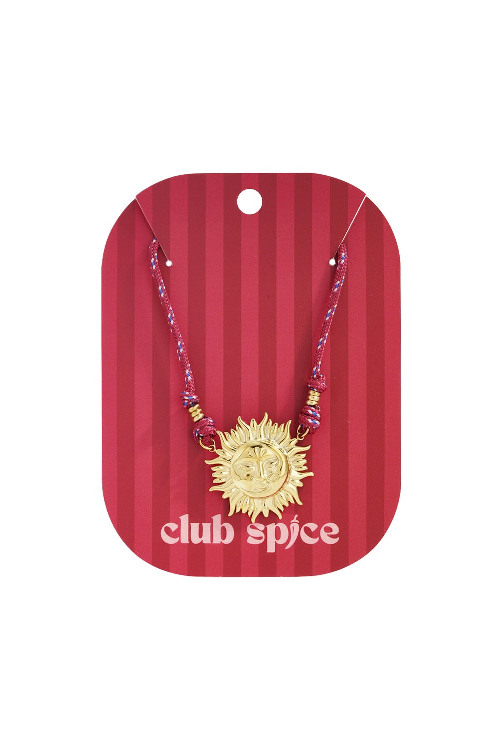 Golden Sun Drip necklace featuring a gold sun face pendant on a multicolored red cord, displayed on a striped card.
