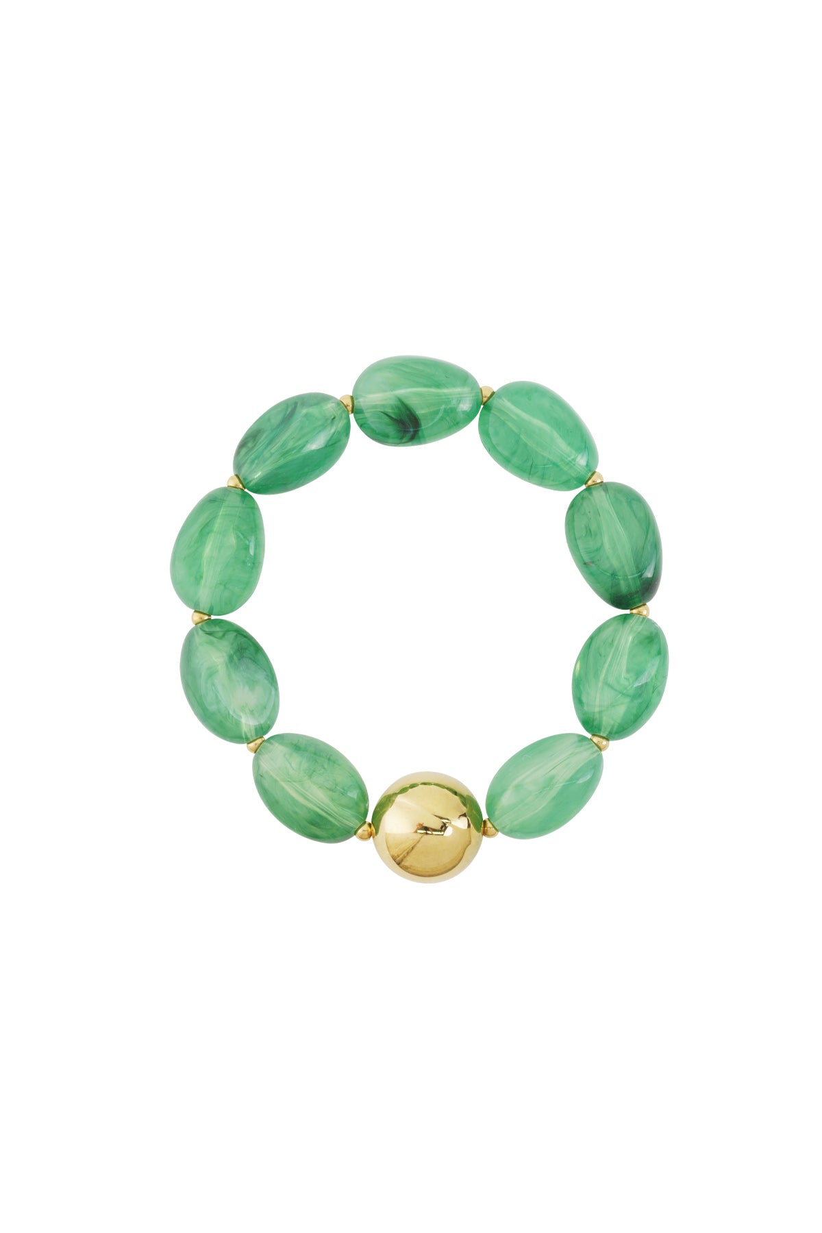 Light green marbled acrylic beaded bracelet featuring large shiny gold bead on white background
