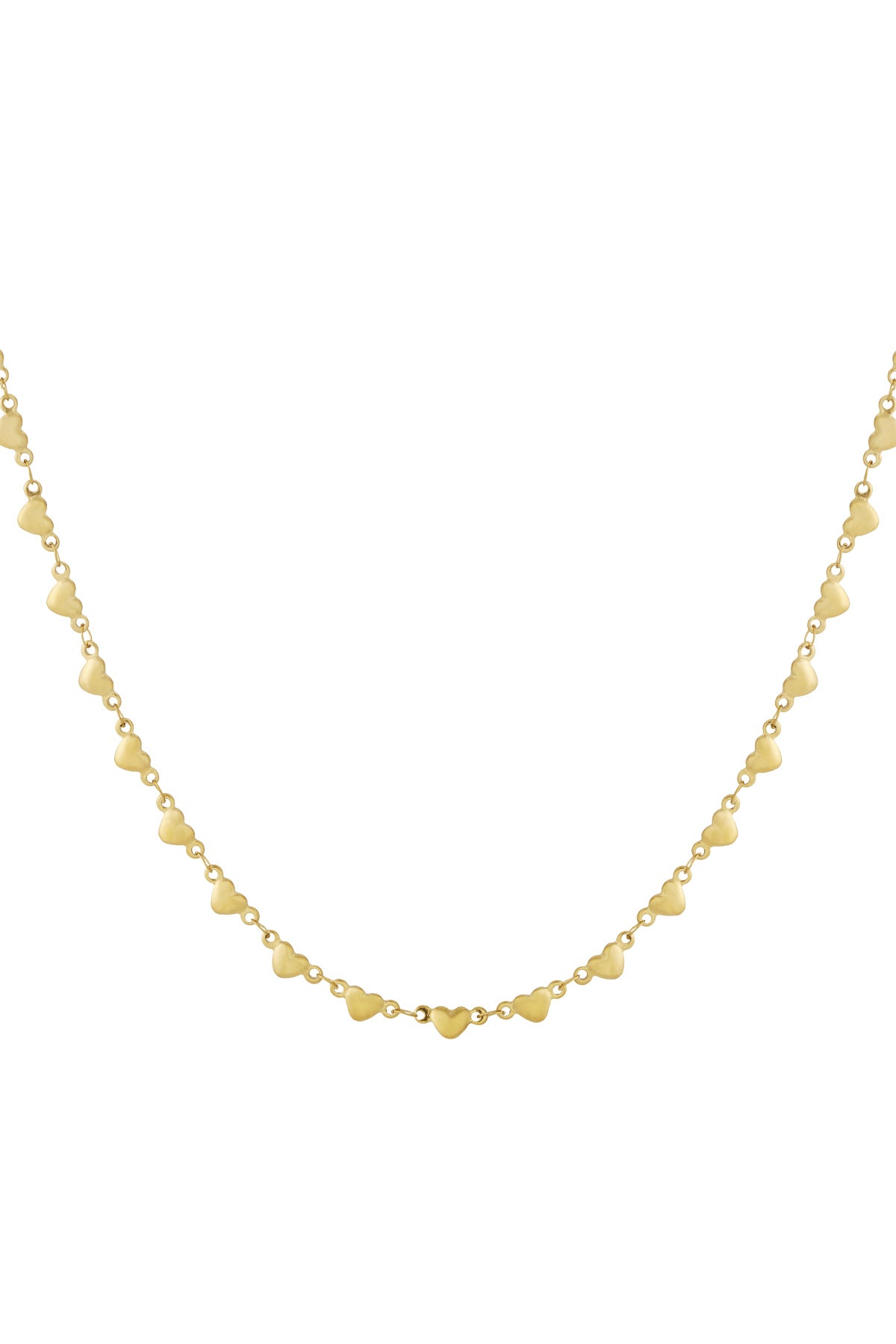 Close-up of a delicate gold multi heart necklace with small heart-shaped links on a white background