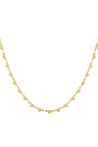 Close-up of a delicate gold multi heart necklace with small heart-shaped links on a white background
