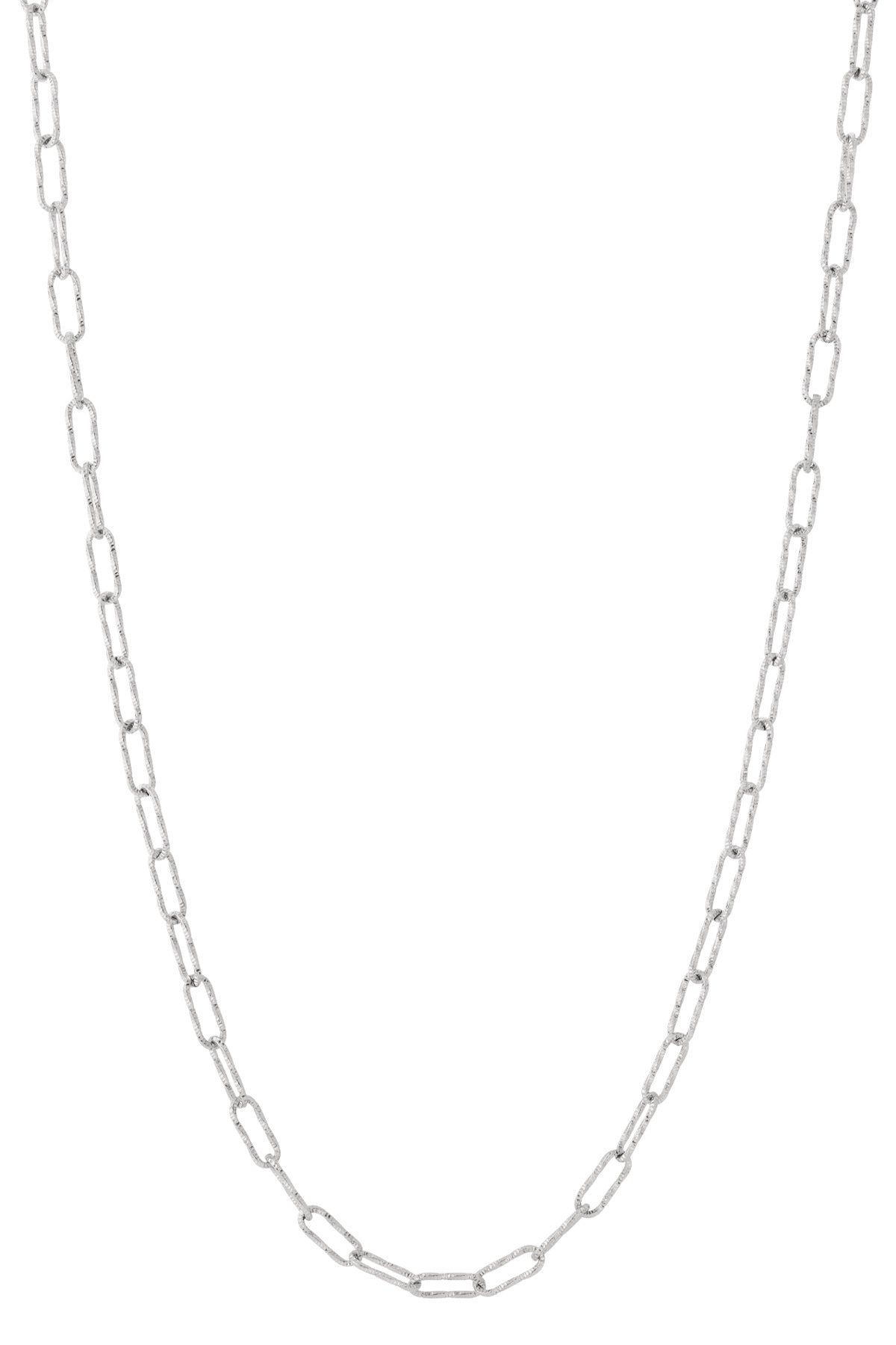 Close-up of silver-colored textured rectangular link chain necklace on white background
