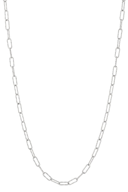 Close-up of silver-colored textured rectangular link chain necklace on white background