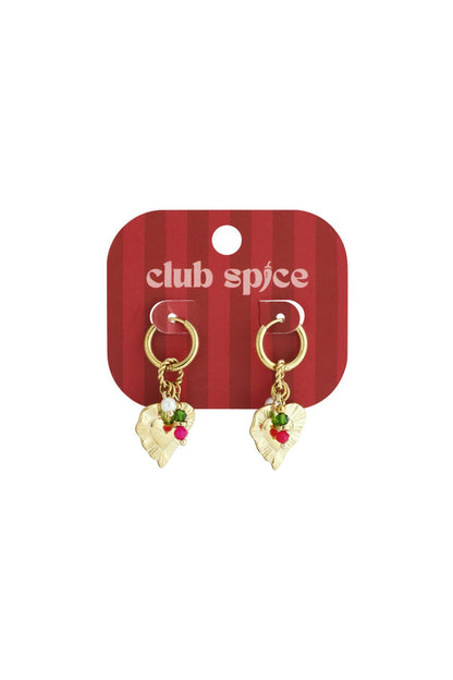 Gold hoop earrings with scalloped heart charms, accented with small white, green, and pink beads on a red display card.