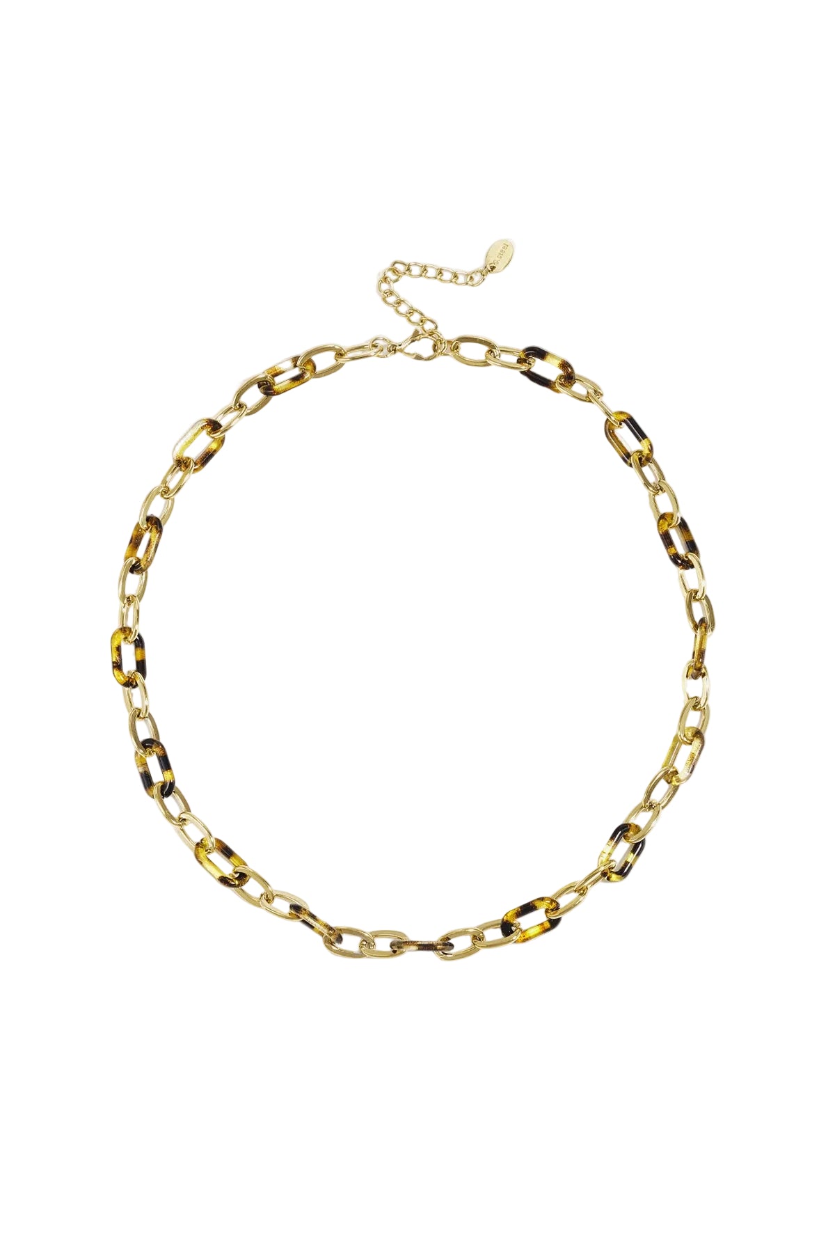 Tortoise link chain necklace laid flat on white background showing gold and brown resin links.