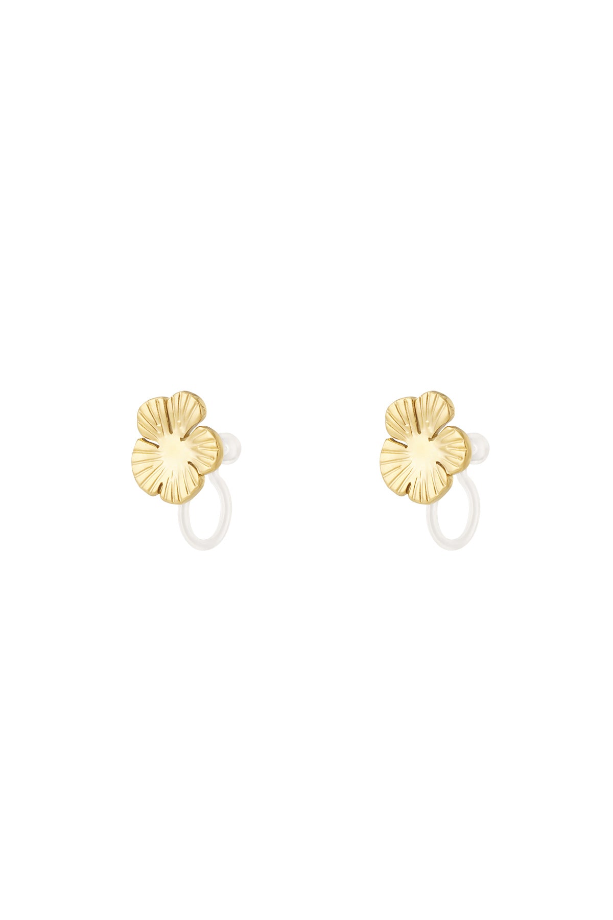 Pair of gold-plated floral clip-on earrings displayed on white background