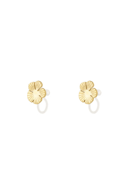 Pair of gold-plated floral clip-on earrings displayed on white background