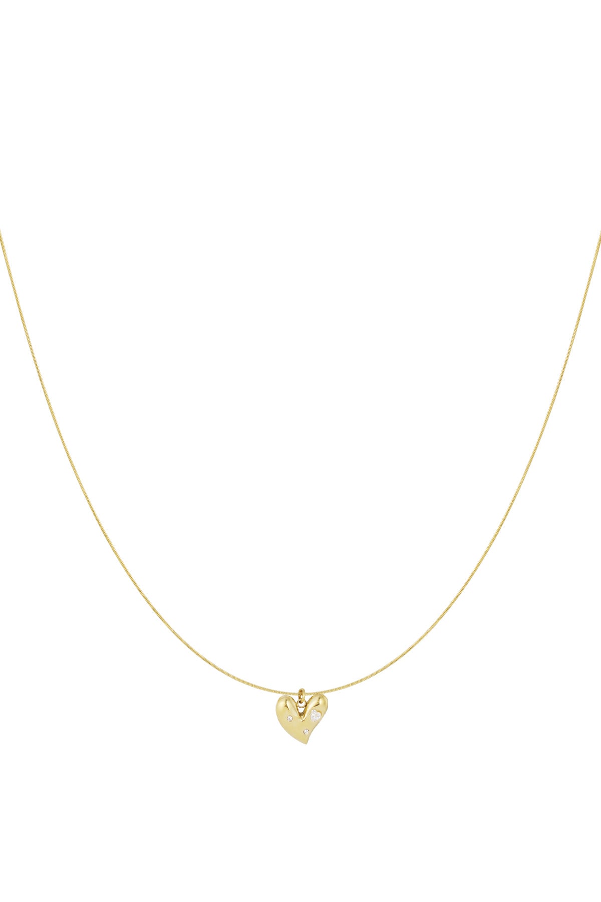 Minimalist gold heart pendant necklace with rhinestones on thin chain isolated on white background