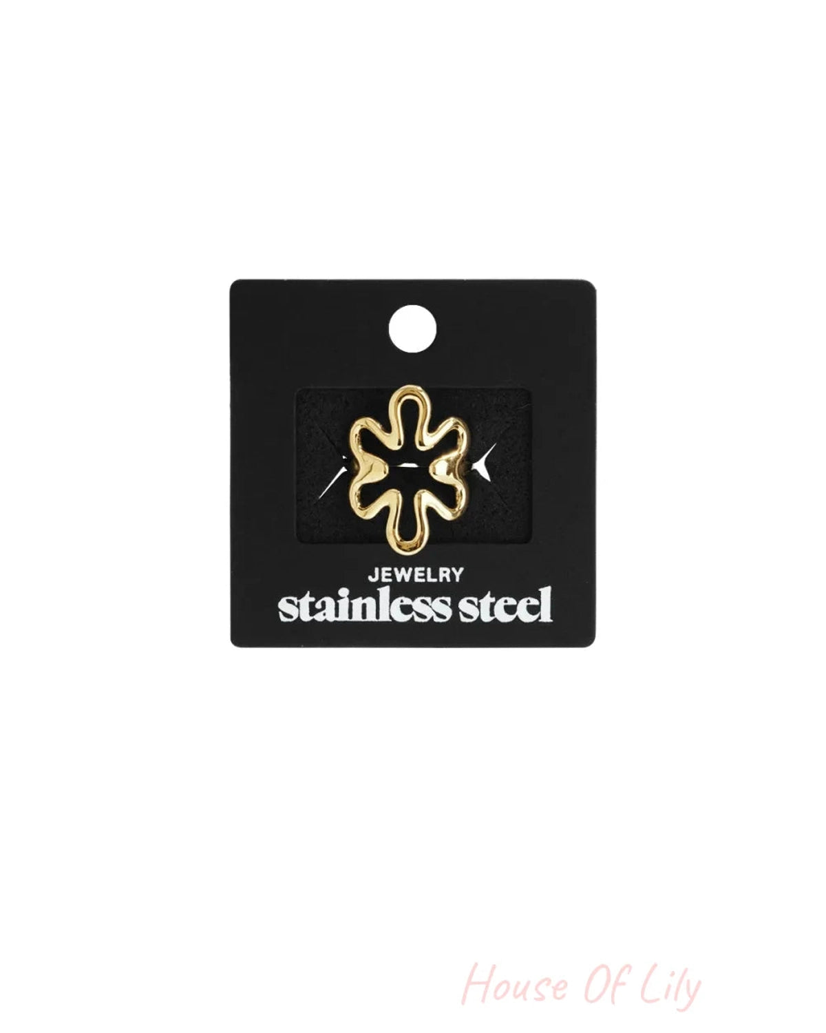 Gold-toned stainless steel flower ring pinned on a black card.