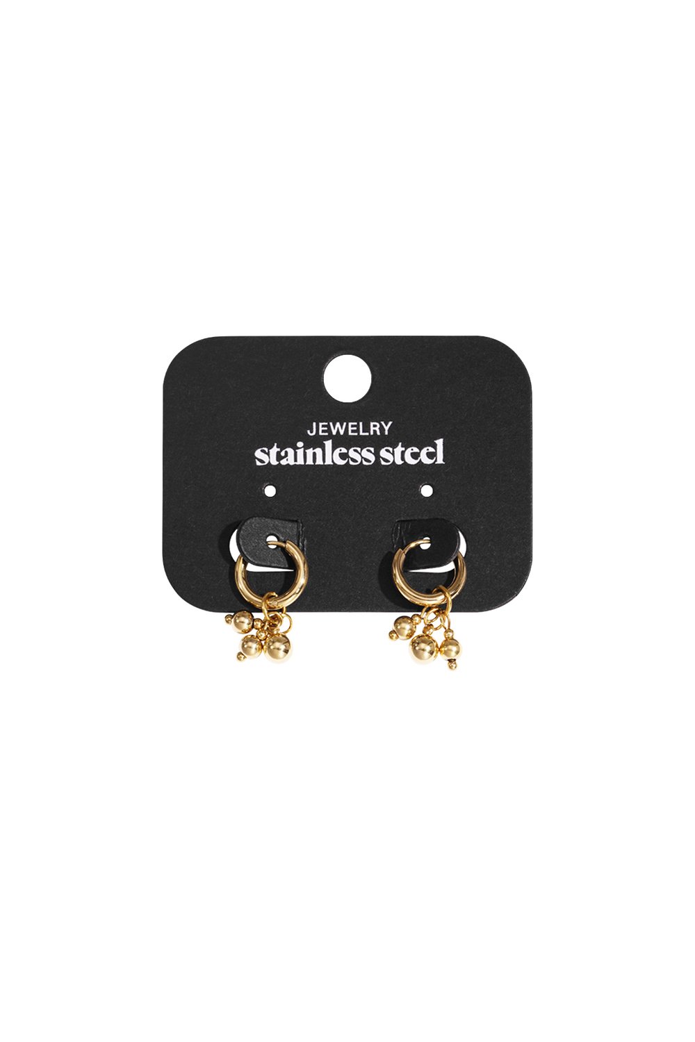 Gold stainless steel hoop earrings with hanging bead charms on a black display card.