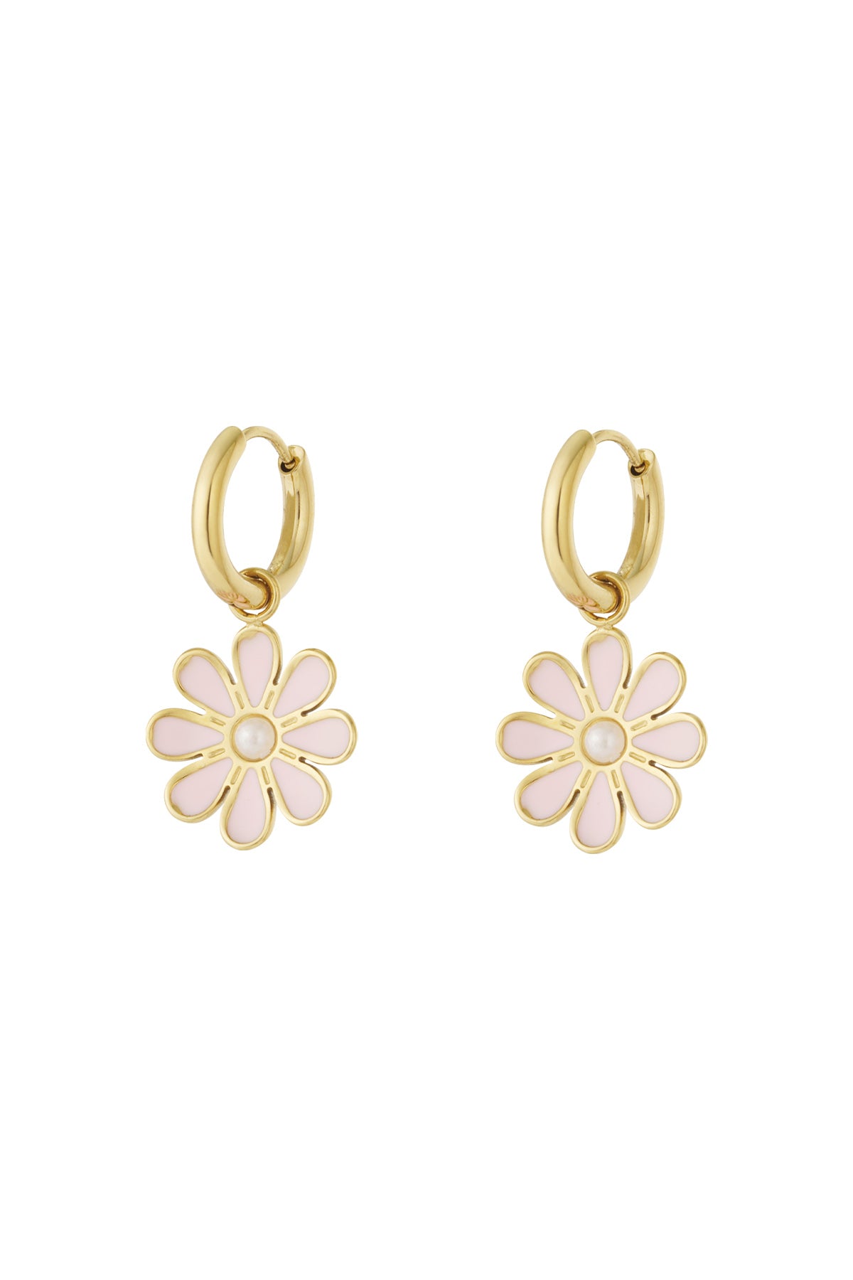 Pair of gold hoop earrings with soft pastel pink enamel flower charms and pearl center on white background