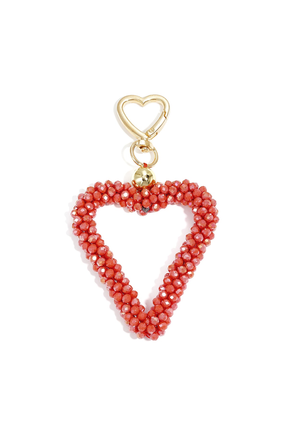 Red beaded heart keychain with gold-tone heart-shaped clasp on white background