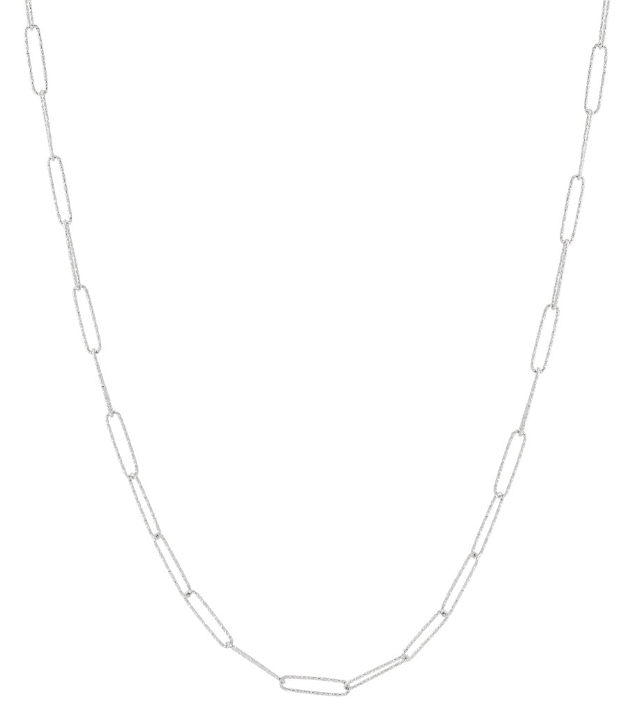 Silver elongated link chain necklace laid flat on white background