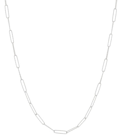 Silver elongated link chain necklace laid flat on white background