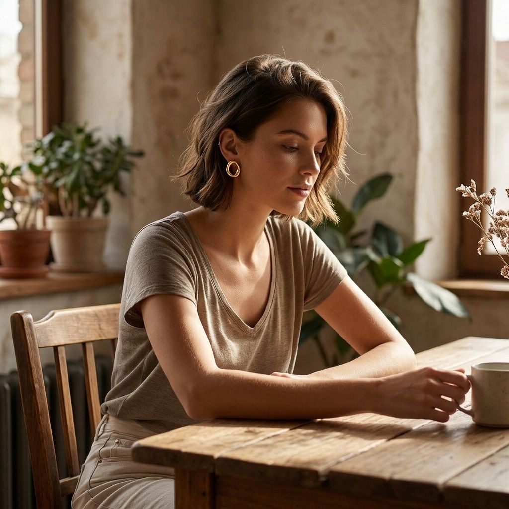 Female model wearing Organic Wave Studs earrings in a sunlit indoor space, highlighting their elegance and fit for daily wear.