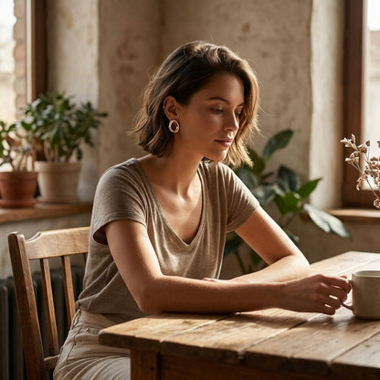 Female model wearing Organic Wave Studs earrings in a sunlit indoor space, highlighting their elegance and fit for daily wear.