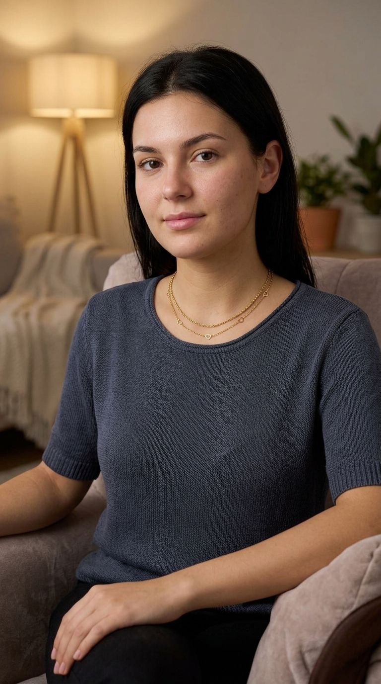 Model wearing a petite gold-plated heart chain necklace on her collarbone in a warm, softly lit indoor setting.