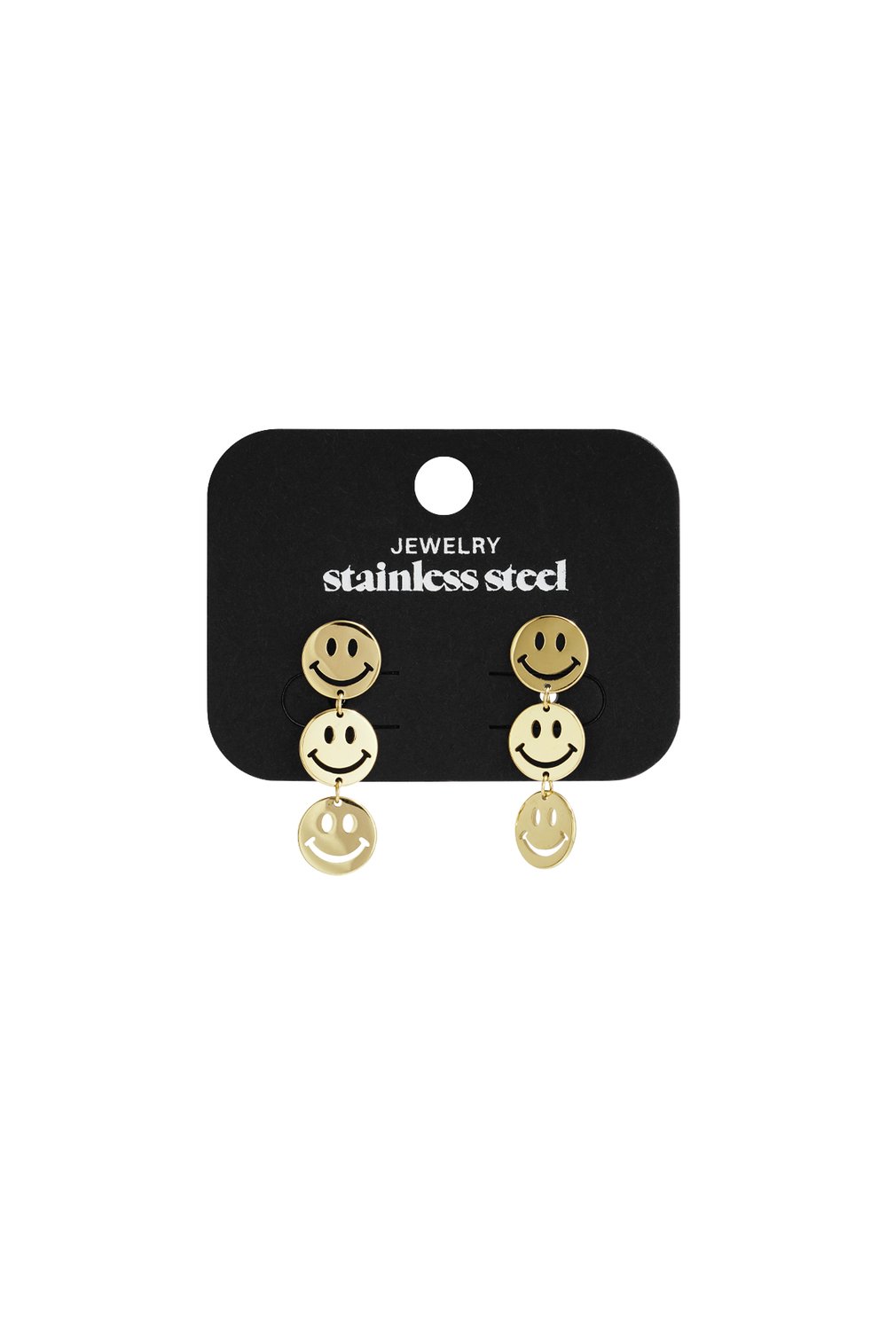 Gold-tone stainless steel dangle earrings featuring three stacked smiley face charms on each.